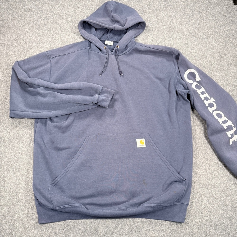 Carhartt Mens Large Blue Gray Graphic Sleeve Pullover Hoodie Faded Distressed